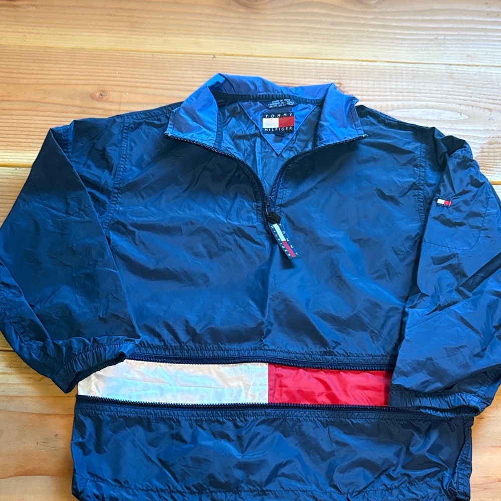 Tommy Hilfiger Blue Pullover windbreaker Jacket with Red and White Stripes